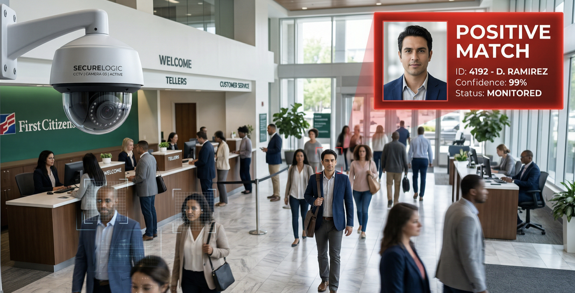 Redlyst facial recognition detecting a person of interest in a bank branch lobby